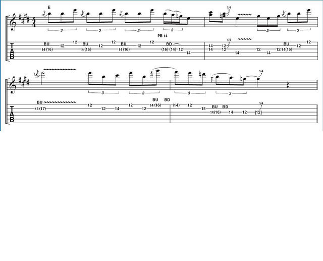 Example 2 - Major and minor pentatonic combination lick: Notice how this example changes freely between major and minor pentatonic lines. This is was an important facet of Clapton's playing at this time and has been ever since.